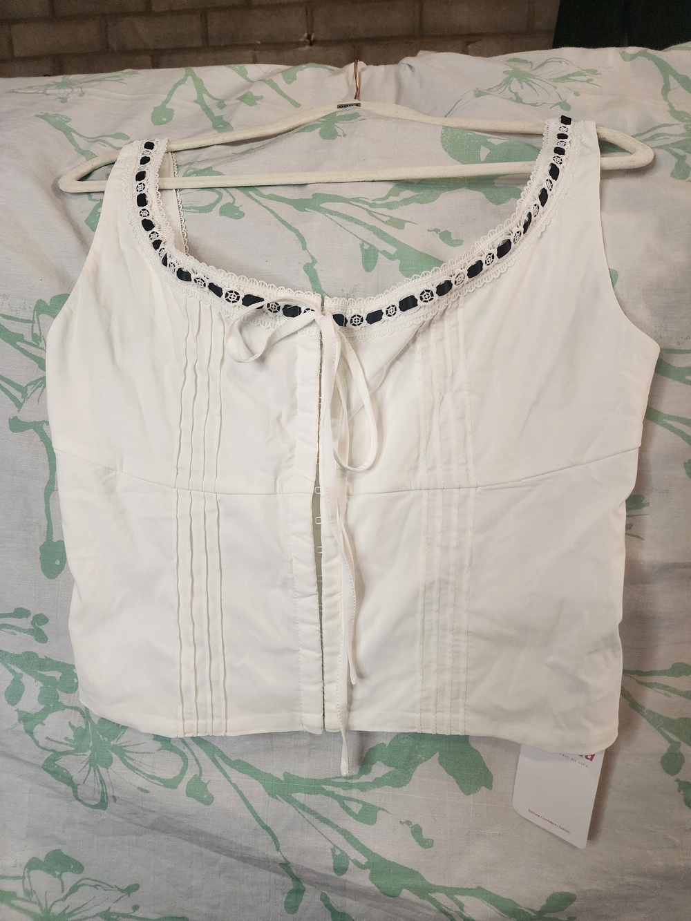 White Embroidered-Trim Corset Tank Top Tie-Front